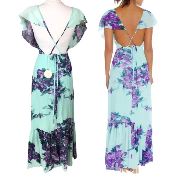 Luxxel Turquoise Lavender Fields Surplice Neckline Open Back Maxi Dress sz Small - Picture 11 of 16